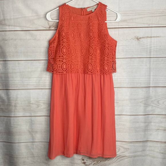 Ann Taylor Loft Coral Pink Overlay Lace Shift Crochet Chiffon Dress Size 2P - Picture 2 of 8